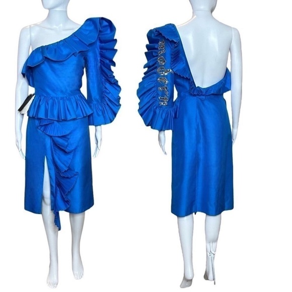 GUCCI Blue One-shoulder sequin-embellished ruffled silk RUNWAY MIDI Dress NEW - Picture 12 of 16